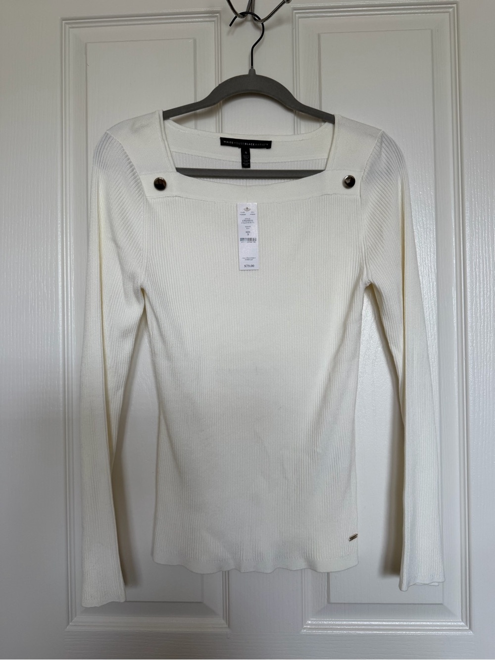 White House Black Market Cream Square-Neck Ribbed Long-Sleeve Top